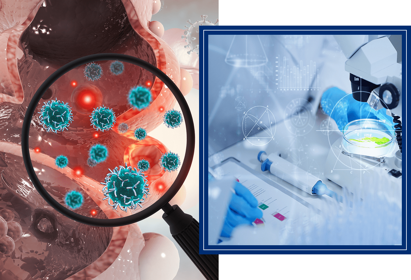 Group 1321317542 Magnified bacteria and laboratory research equipment.