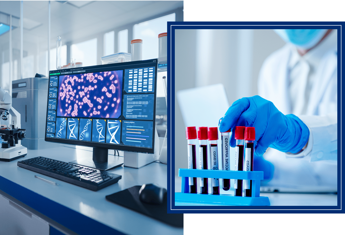 Group 1321317546 Lab technician analyzing blood samples and data.