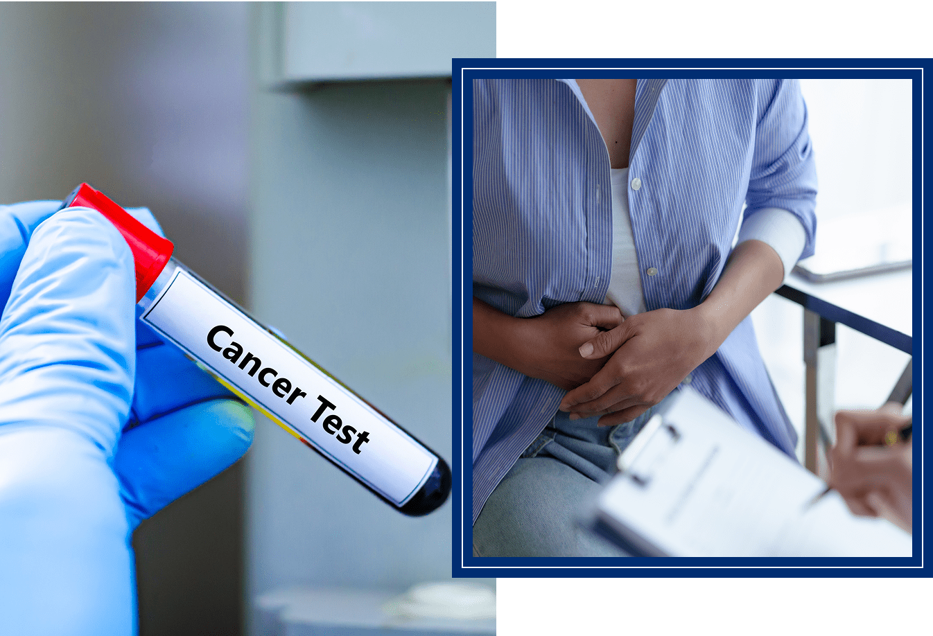 Group 4 Cancer test and woman with stomach pain.
