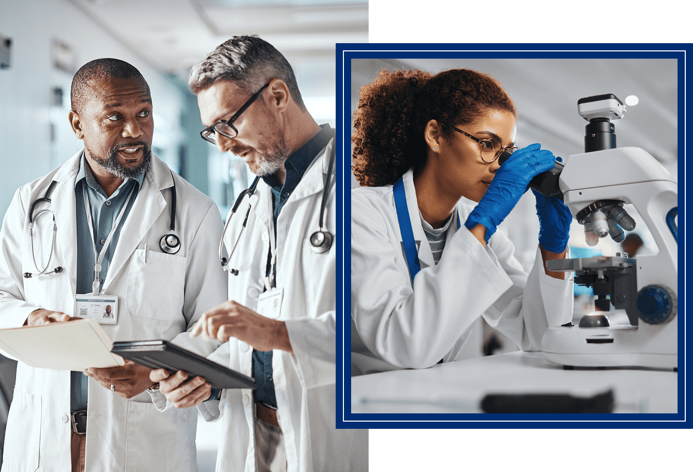 img Doctors discussing and scientist using a microscope.